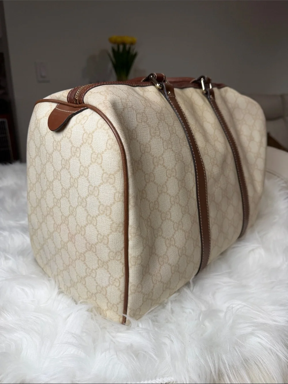 💯Authentic Gucci Beige GG Monogram Duffel with Brown Leather Trim🍀